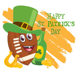 Cute cartoon American football character for St. Patrick&rsquo;s Day, wearing green leprechaun hat with shamrocks, gold coins and festive Irish mood.
