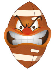 Cartoon American football ball with angry face and strong expression, aggressive sports mascot illustration for competitive designs.