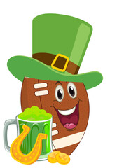 Cute cartoon American football character for St. Patrick&rsquo;s Day, wearing green leprechaun hat with shamrocks, gold coins and festive Irish mood.
