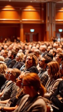Vertical 9:16 view of a diverse audience in a large conference hall listening to a keynote speaker, ideal for corporate events, professional seminars, and business storytelling on mobile.