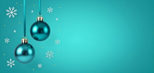 Two teal Christmas ornaments hanging with snowflakes on a turquoise background and copy space