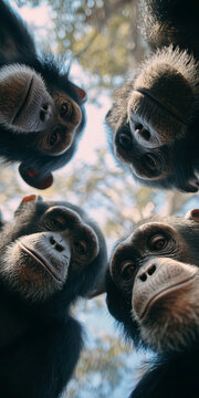 Close-up of four curious chimpanzees on phone wallpaper, looking at the camera Natural setting with soft lighting, greenery background, and dominant colors of brown, green, and blue R - AI-Generated