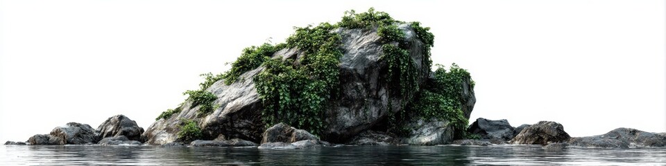 Coastal Rock with Ivy Against a Bright Sky - A Natural Landscape of Stone and Water