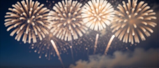 Fireworks display in night sky with bursts of light and smoke rising from ground below