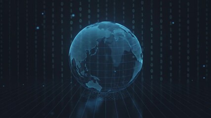 Dynamic globe with digital grid and binary code background - Powered by Adobe