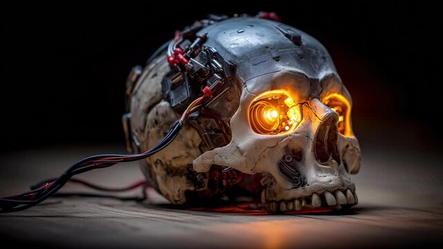 Cybernetic skull with glowing eyes. Metal and bone combine, a fusion of technology and anatomy. Wires snake across the surface, powering the eerie illumination.