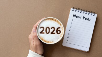 Hand holding coffee cup with foam art displaying 2026 next to notepad labeled New Year
