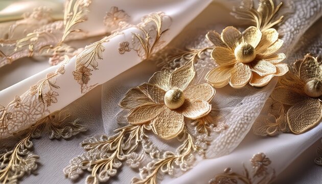 delicate floral lace fabric with intricate gold detailing captures elegance and charm