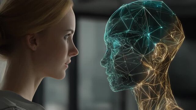 Medium shot of a presenter interacting with a futuristic holographic display transforming photos into vivid 3D visuals for immersive presentations.