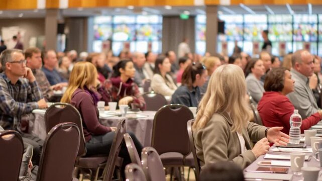 Attentive audience gathered for a keynote address in a modern hall, featuring a diverse group of people, perfect for corporate training and industry event marketing.