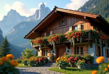 Charming Swiss Chalet Wooden Balcony Adorned with Blossoming Flowers Alpine Retreat Summer Glow