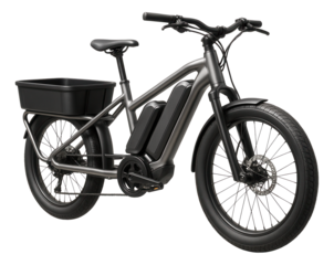 Electric cargo bike featuring dual batteries and rear storage compartment.