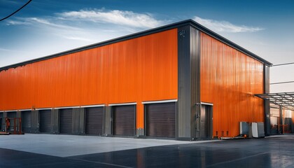 Fototapeta premium a bold orange and gray warehouse with dark tinted windows in an industrial location