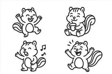 Fototapeta premium Four happy cartoon squirrel characters engaged in various activities