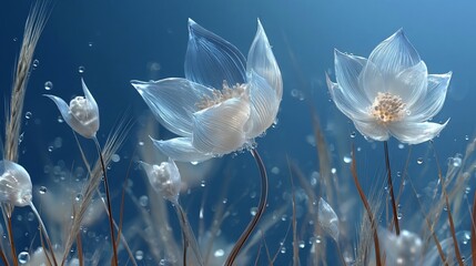 Translucent flowers and grass with water droplets, blue background, ethereal scene