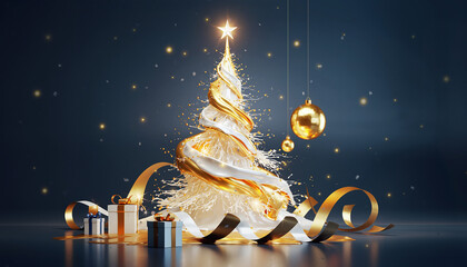 Karta świąteczna z symbolem świąt w postaci choinki bożonarodzeniowej, gwiazdy betlejemskiej, bombek i prezentów świątecznych.