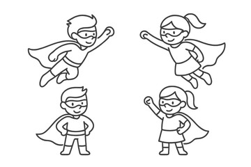 Obraz premium Four young children in superhero costumes flying and standing poses