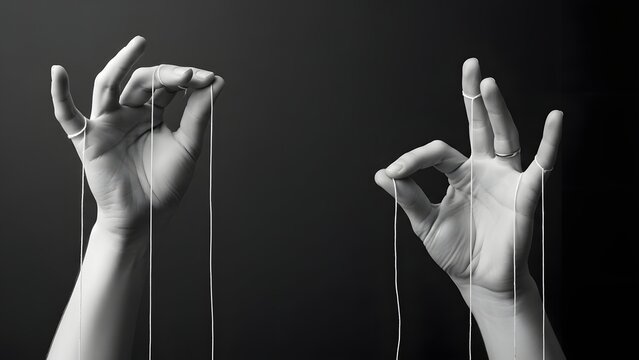 Manipulation control power strings puppet master influence hidden authority secret direction dark concept metaphor monochrome hands