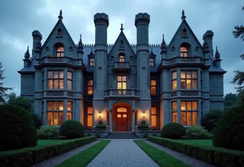 Majestic Gothic Revival Mansion with Pointed Arches Dramatic Elevation Majestic Towers