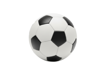 Classic, worn leather soccer ball, black and white panels, hyper-realistic studio product photography against a transparent background with ample copy space. Concept of global athletic competition