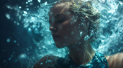 Underwater Serenity: A woman gracefully submerged in cool, crystal-clear water, her eyes closed in peaceful contemplation, water bubbles surround her.
