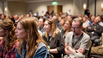 Tracking shot of an attentive audience in a spacious auditorium, diverse attendees listening to a lecture, ideal for educational seminars and business summit footage.