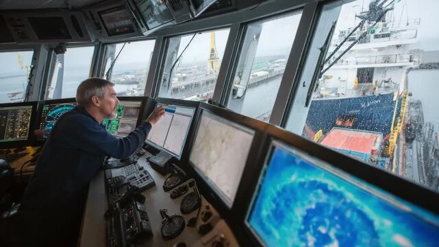 Port traffic controller intently observes vessel movements from a control tower using radar screens to ensure safe docking and smooth maritime traffic flow.
