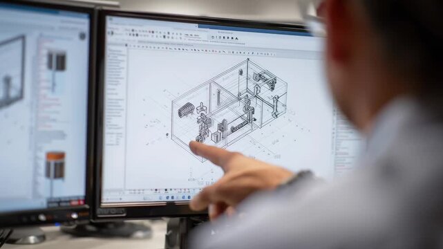 A man pointing at a computer monitor with a drawing of a building. The drawing is in black and white and the man is pointing to a specific area