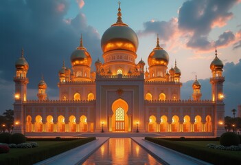 Regal Palace with Glimmering Golden Towers Majestic Elegance Fantasy Kingdom Fabled Grandeur