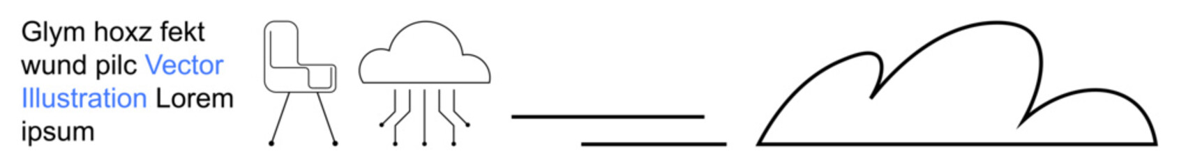Conceptual art, diagrams, brainstorming, creativity, modern design, technology visuals. A chair, a cloud with lines underneath and a simplified cloud outline. Concept visualization and brainstorming
