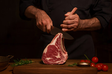 Professional chef slicing a raw tomahawk steak demonstrating expert butchery skills precision meat handling and high end culinary preparation