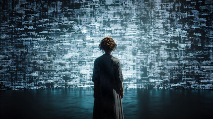 Woman Facing the Futuristic: A solitary figure, lost in contemplation, gazes towards a complex, illuminated digital landscape. Reflecting a sense of wonder, or perhaps a hint of trepidation.