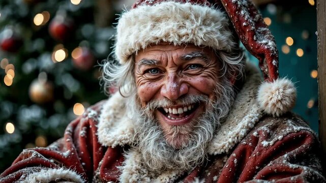 A cheerful and cunning Santa smiles charmingly and winks cheerfully