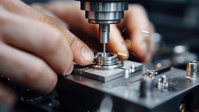 A person is working on a machine with a small metal object in their hand. Concept of precision and focus as the person carefully manipulates the object