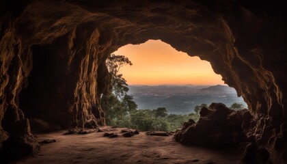 Cave entrance with rocky walls and view of trees and sunset in the background