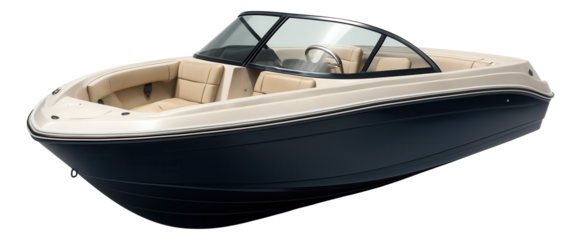Open deck boat featuring a tinted windshield and stainless steel steering wheel.