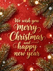 Golden text on red background with Christmas tree branches and sparkling lights for holiday greeting