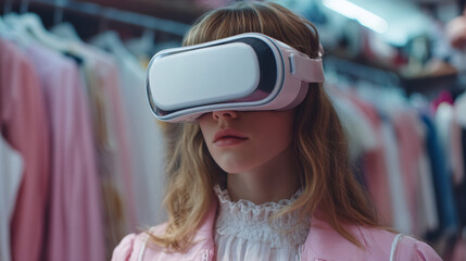 VR Fashion Visionary: A stylish individual, immersed in a virtual reality headset, exploring the future of fashion. The scene is enveloped in soft hues.