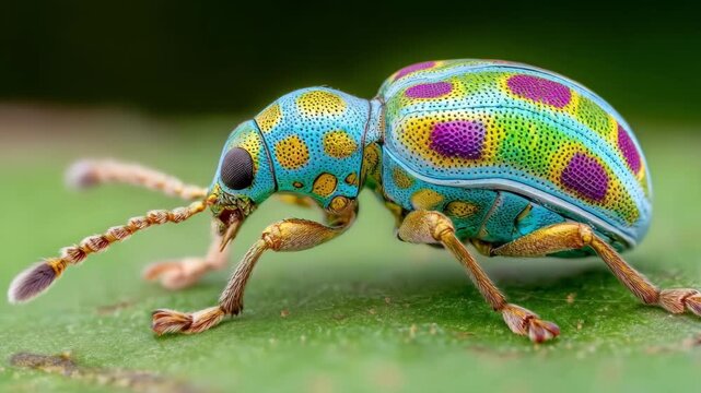 Macro closeup of a vibrant insect on a leaf capturing intricate details of wings and antennae with shallow depth of field.