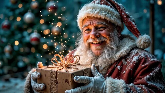A cheerful and cunning Santa smiles charmingly and winks cheerfully