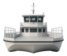 Shallow-draft ferry with a wide beam and flat-bottom hull for coastal use.