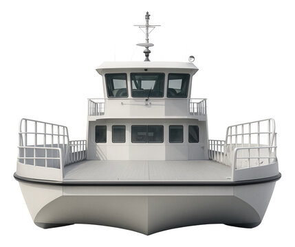 Shallow-draft ferry with a wide beam and flat-bottom hull for coastal use.
