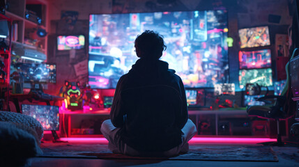 Gamer's Sanctuary: A silhouette of a person sits captivated in front of a giant screen, surrounded by multiple monitors displaying a dynamic visual environment.