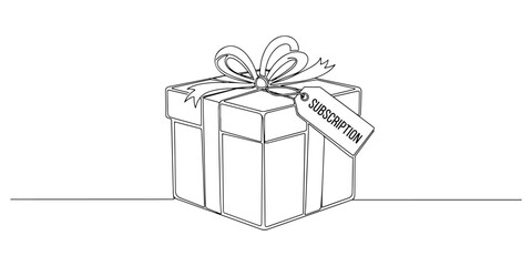 Continuous one line of a gift box with subscription label, representing subscription gift service, hand drawn vector illustration.