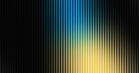 Obraz premium Abstract vertical blinds pattern featuring a dramatic gradient transition from deep black to vibrant blue and bright yellow light creating a modern textured background design