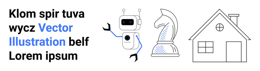 Technology, strategy, housing, AI innovation, creativity, digital concepts. Robot, chess knight house and placeholder text in a minimalist style. Technology and strategy concept