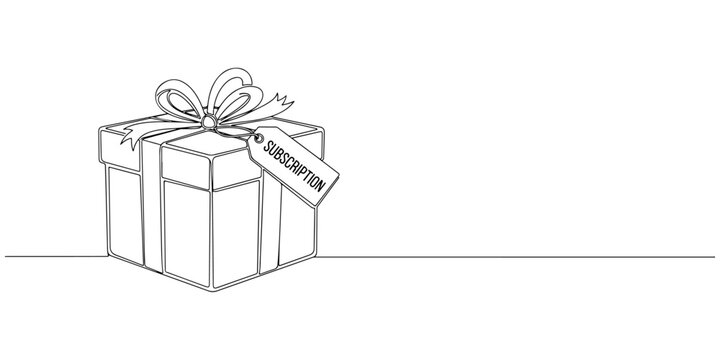 Continuous one line of a gift box with subscription label, representing subscription gift service, hand drawn vector illustration.