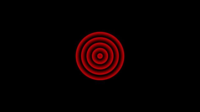 Red glowing concentric circles pulse animation on black background, abstract radar style signal waves loop for technology interface, warning alert visual and digital system display