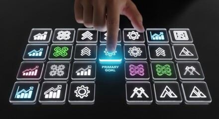 Finger pressing a glowing button on a grid of illuminated icons