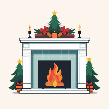 Christmas fireplace with fire illustration isolated on white